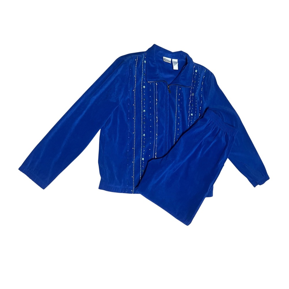Koret Petite Blue 2 Piece Tracksuit Set Embroidered Zip Jacket Pants Womens L 10